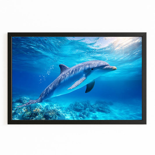 Coral Reef Glide Dolphin Print – with Premium Black wood frame on white background