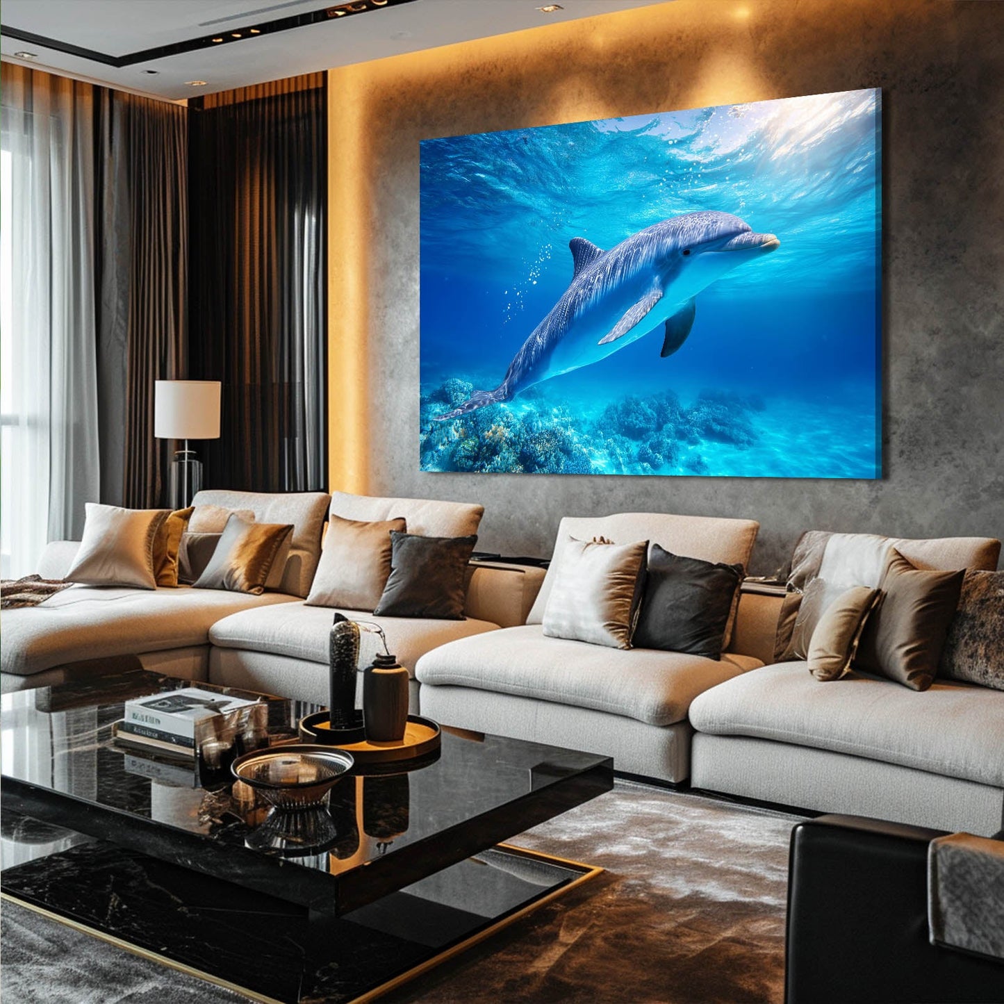 Coral Reef Glide Dolphin Print – styled in a furnished interior