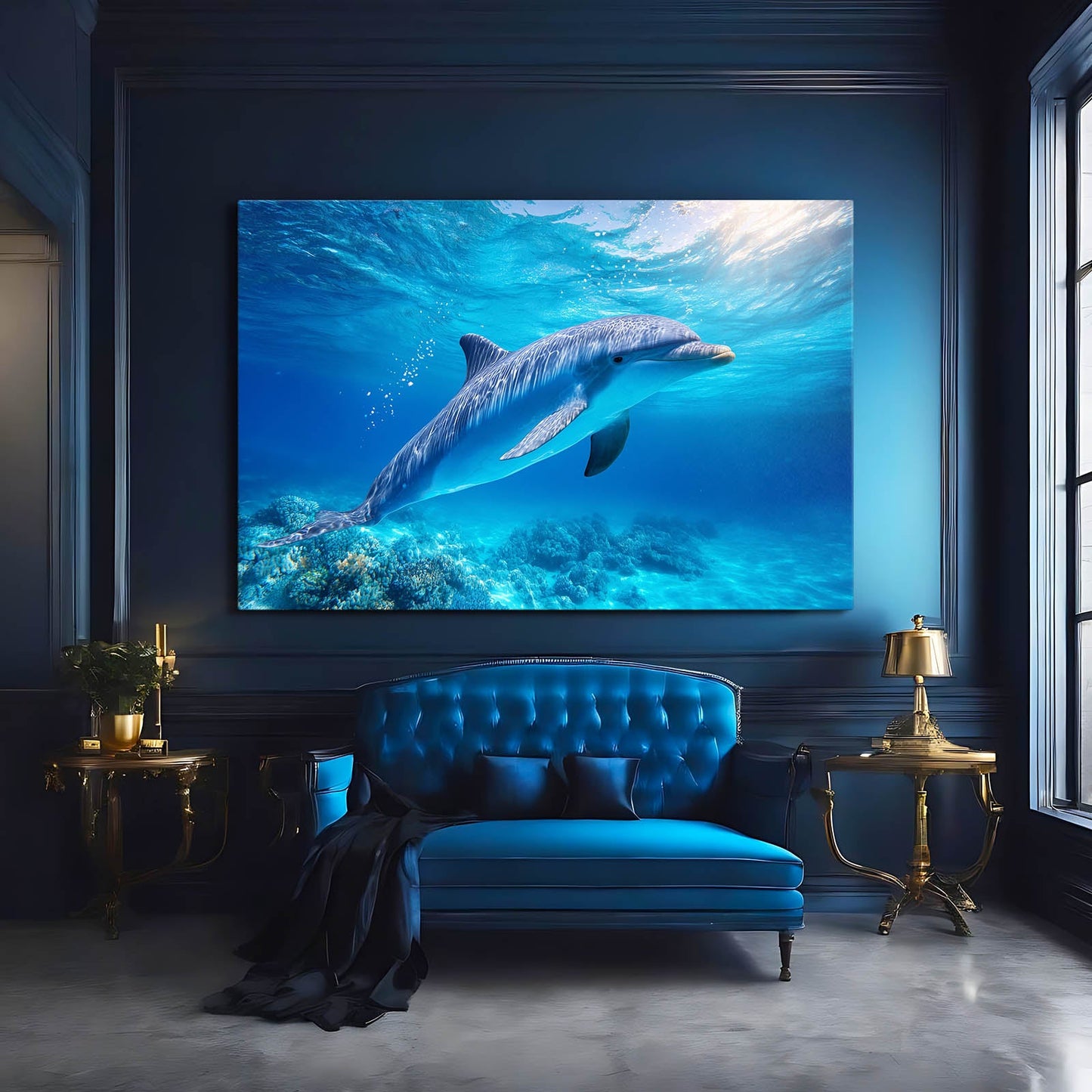 Coral Reef Glide Dolphin Print – styled in a furnished interior