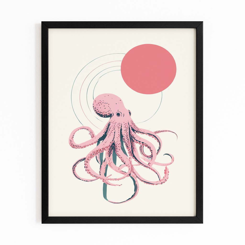 Coral Sun Line Octopus Art – with Premium Black frame on white background