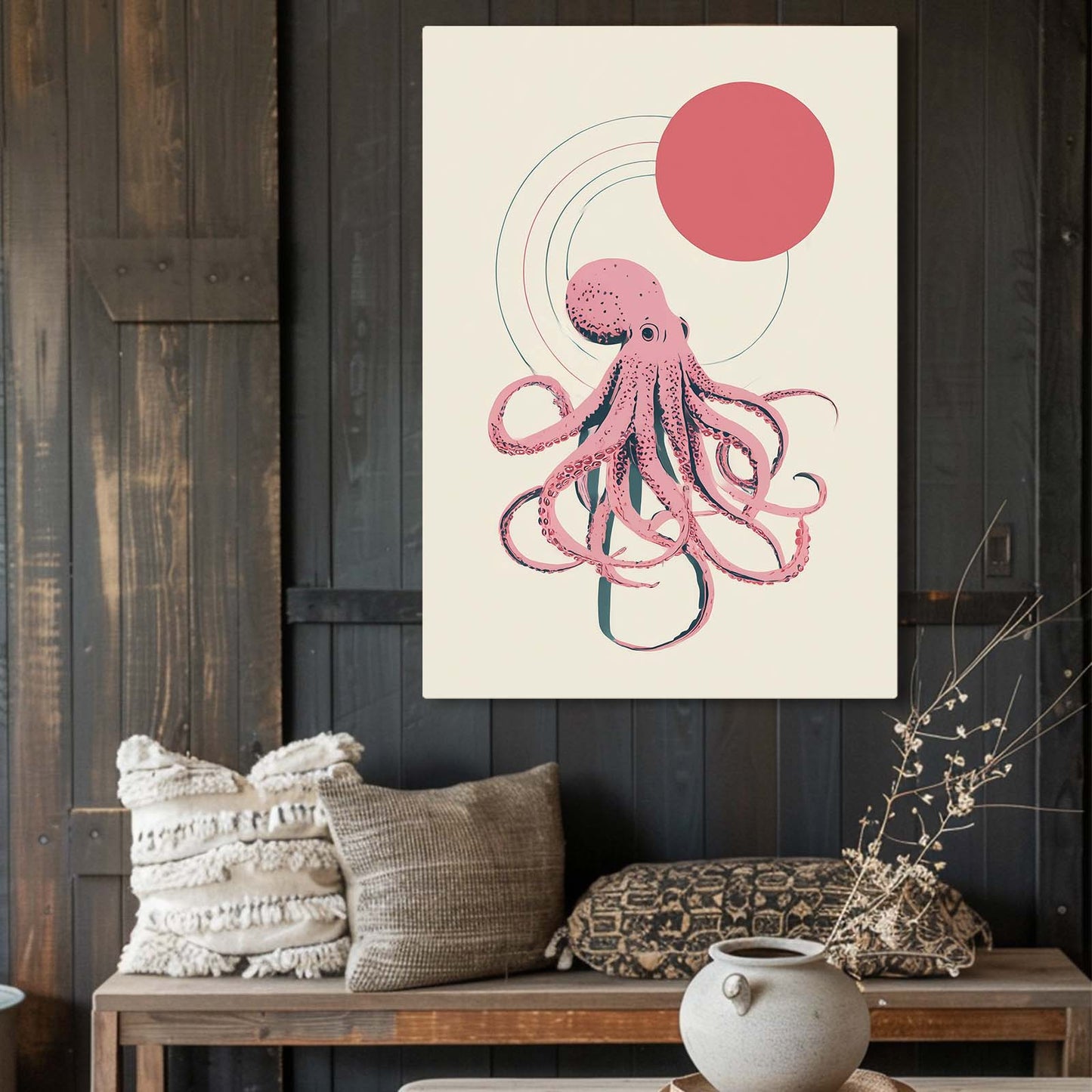 Coral Sun Line Octopus Art – styled in a furnished interior