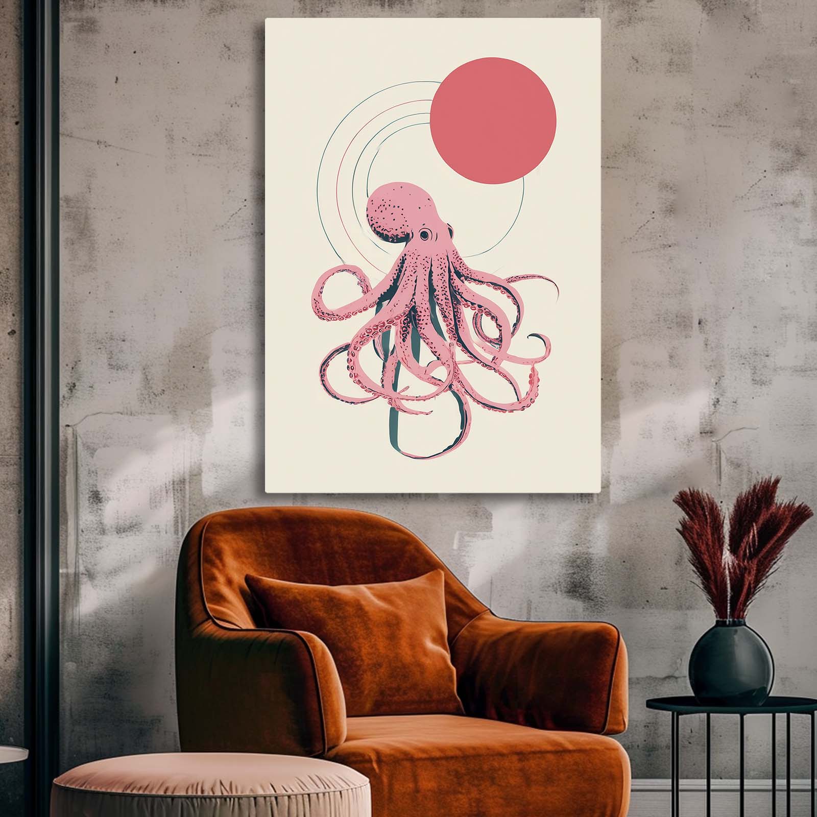 Coral Sun Line Octopus Art – styled in a furnished interior