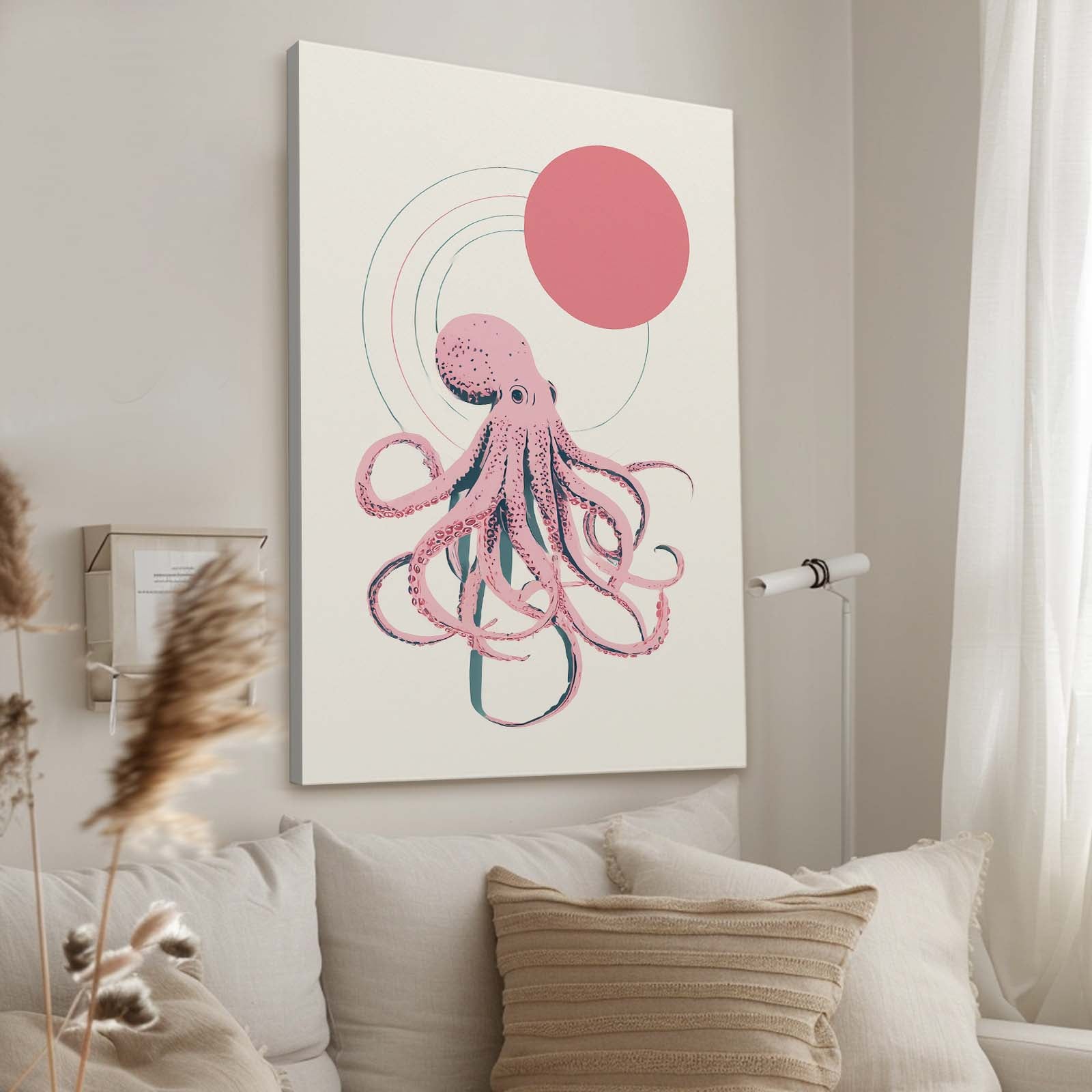 Coral Sun Line Octopus Art – styled in a furnished interior