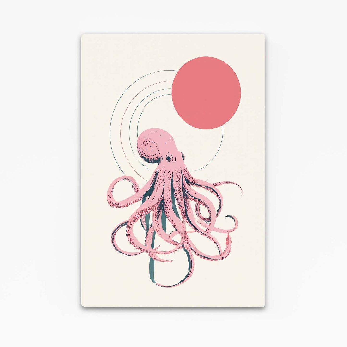 Coral Sun Line Octopus Art – angled canvas view on white background
