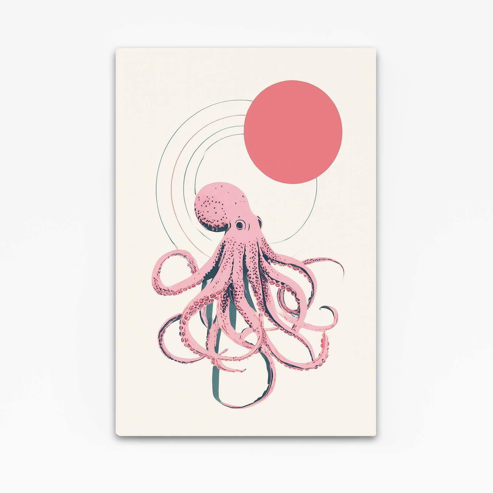 Coral Sun Line Octopus Art – angled canvas view on white background