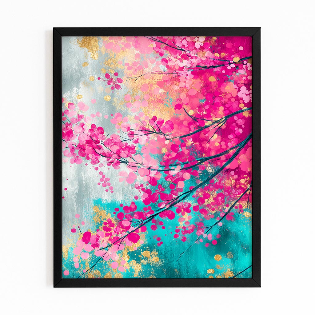 Coral Teal Canopy Cherry Blossom Art – with Premium Black frame on white background