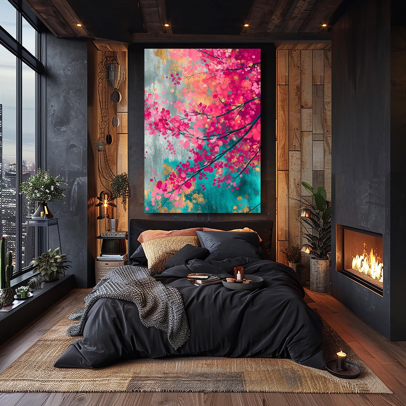 Coral Teal Canopy Cherry Blossom Art – styled in a furnished interior