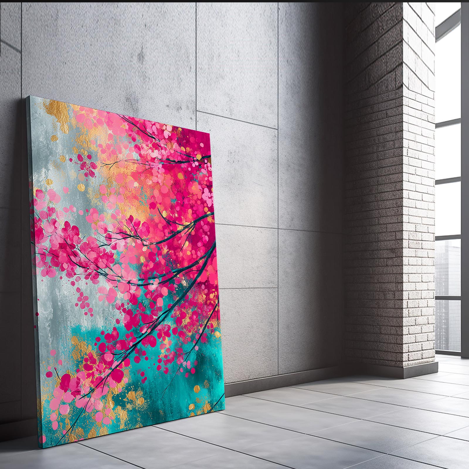 Coral Teal Canopy Cherry Blossom Art – styled in a furnished interior