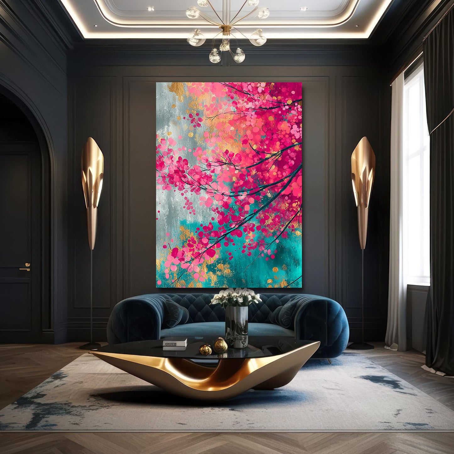 Coral Teal Canopy Cherry Blossom Art – styled in a furnished interior