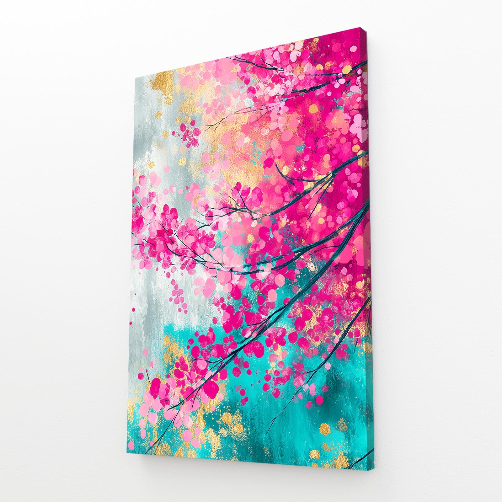 Coral Teal Canopy Cherry Blossom Art – angled canvas view on white background