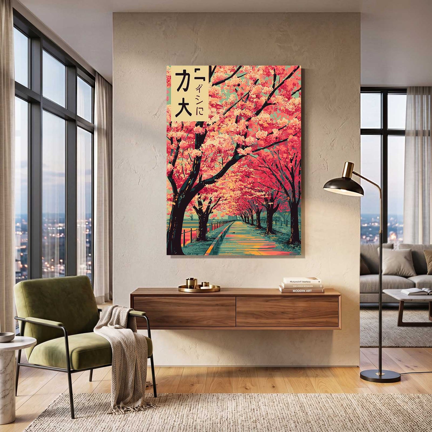 Coral Tunnel Path Cherry Blossom Art – styled in a furnished interior