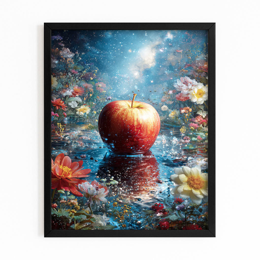 Cosmic Bloom Apple Prints – with Premium Black frame on white background