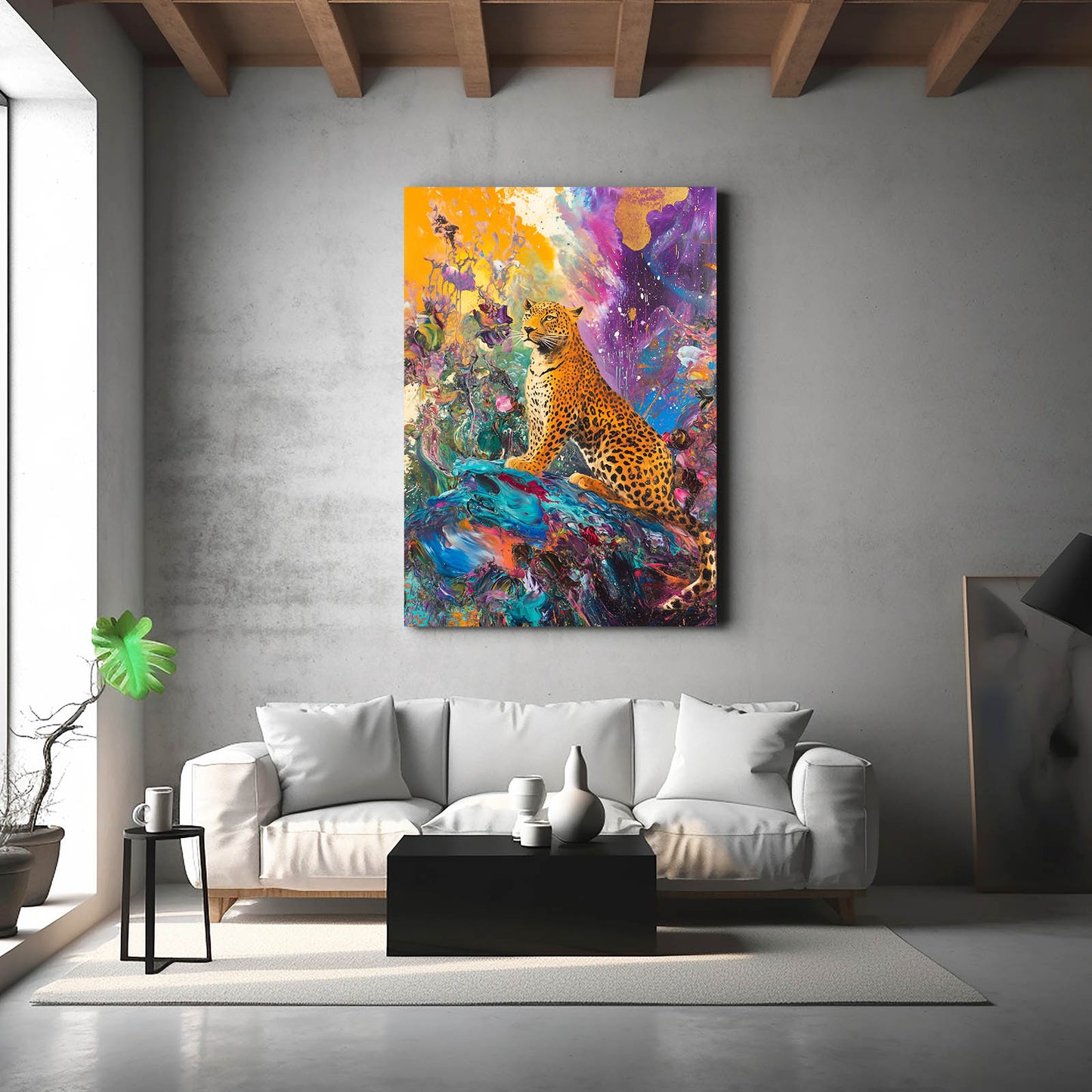 Cosmic Color Burst Leopard Canvas – styled in a furnished interior