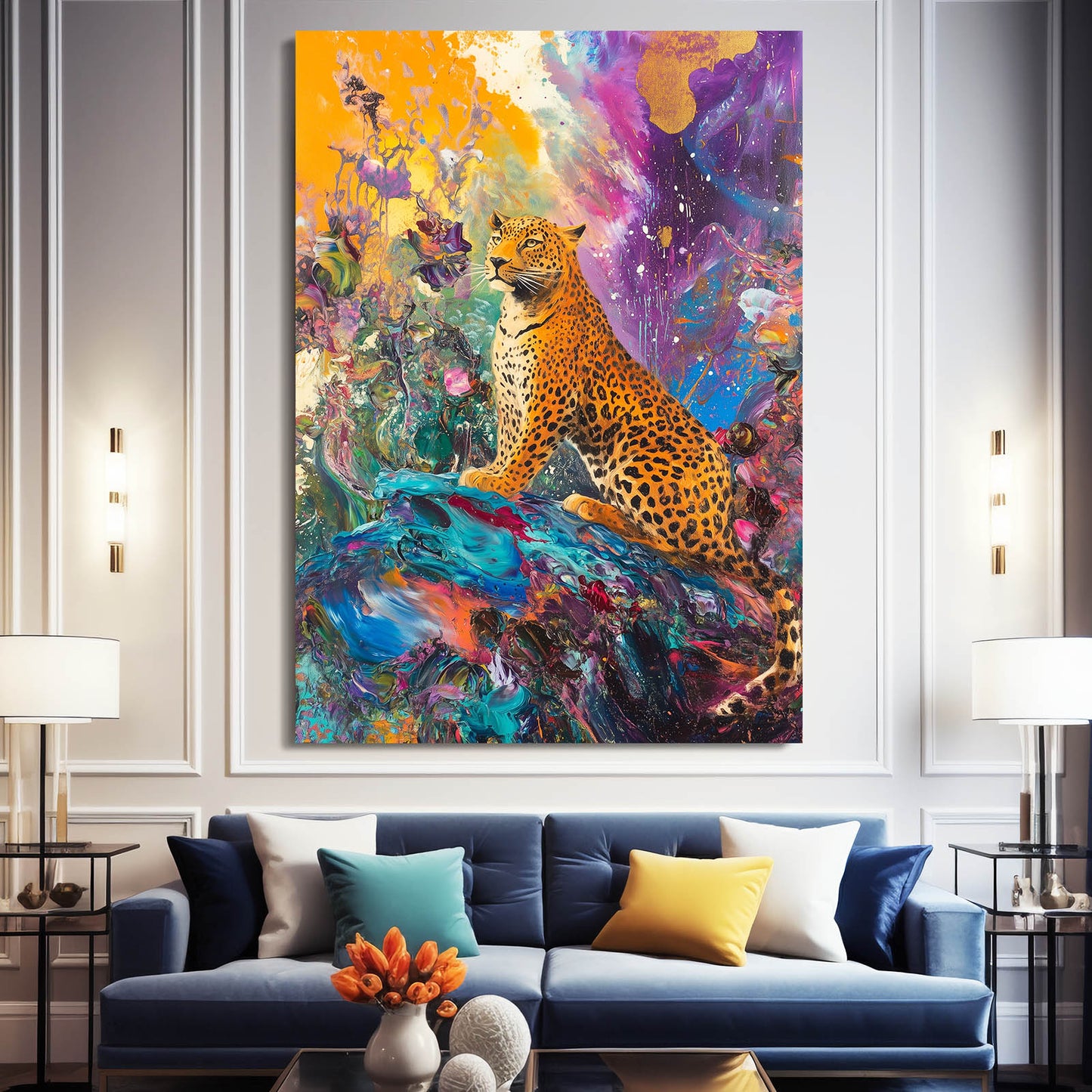 Cosmic Color Burst Leopard Canvas – styled in a furnished interior