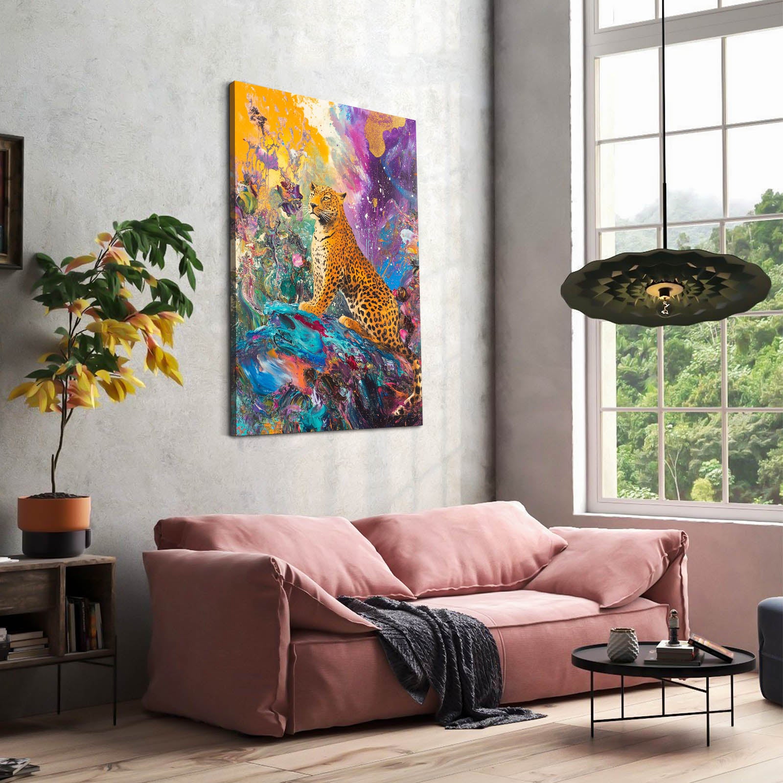 Cosmic Color Burst Leopard Canvas – styled in a furnished interior