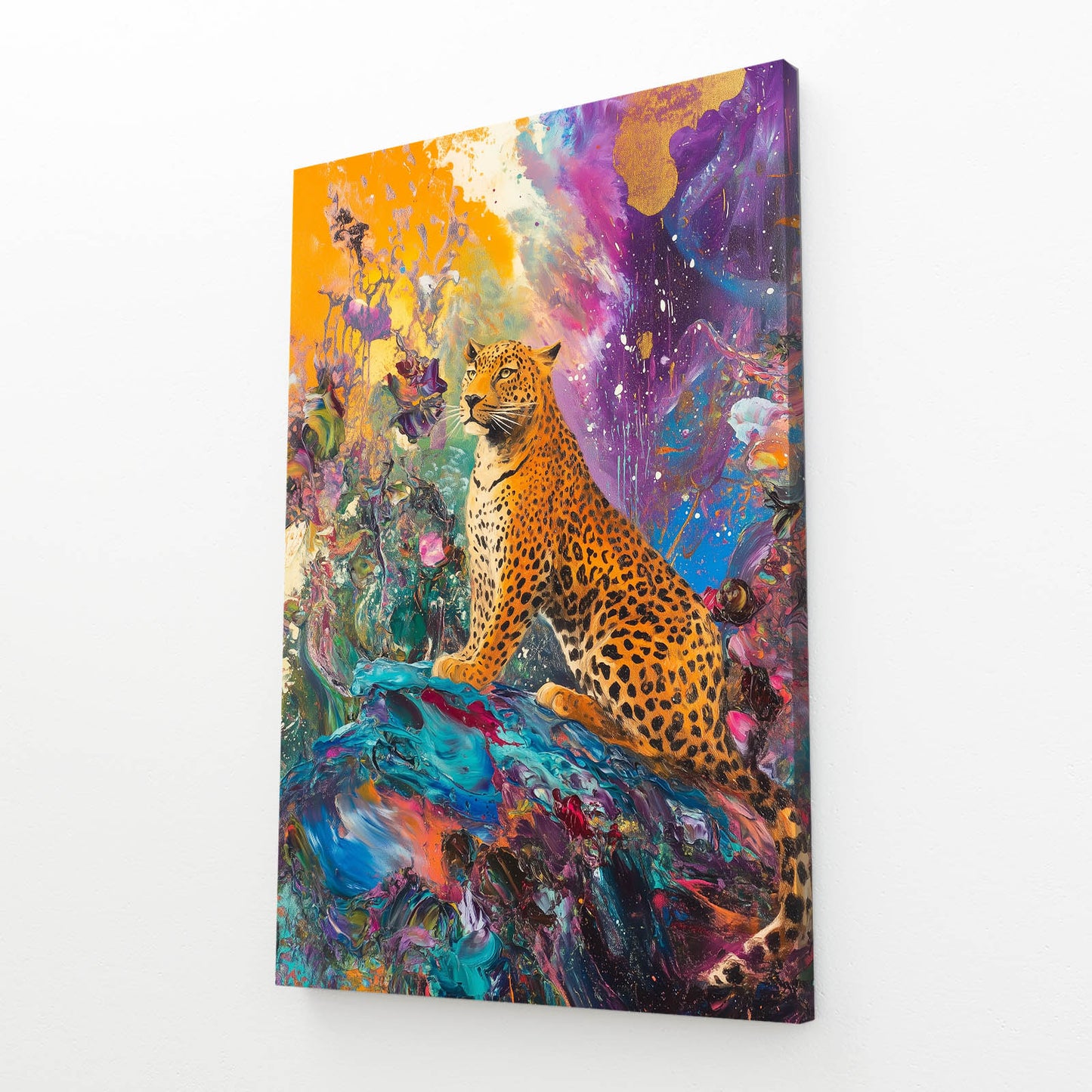 Cosmic Color Burst Leopard Canvas – angled canvas view on white background