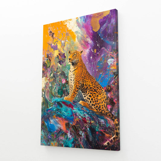 Cosmic Color Burst Leopard Canvas – angled canvas view on white background