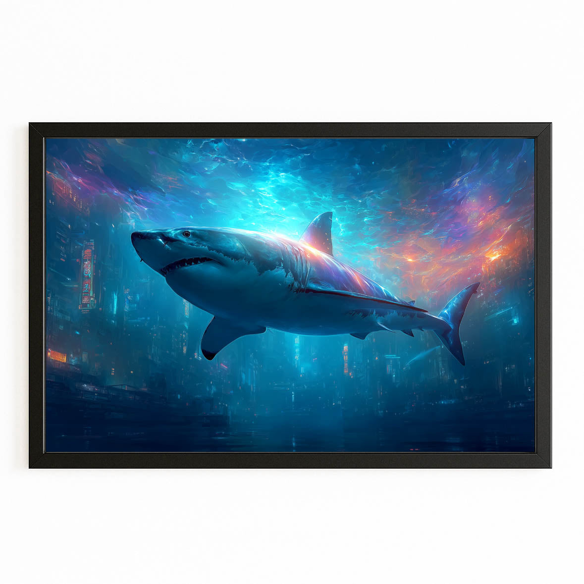 Cosmic Galaxy Shark Canvas Art – with Premium Black frame on white background