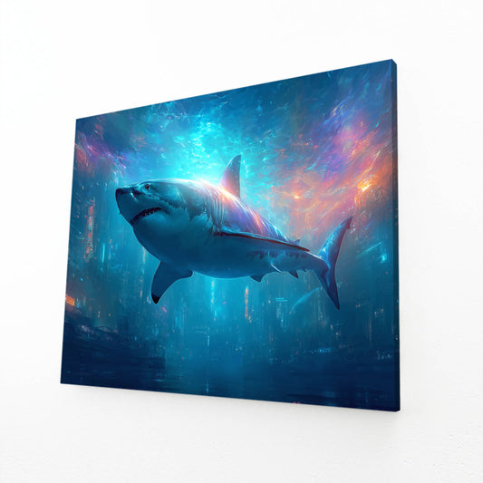 Cosmic Galaxy Shark Canvas Art – angled canvas view on white background