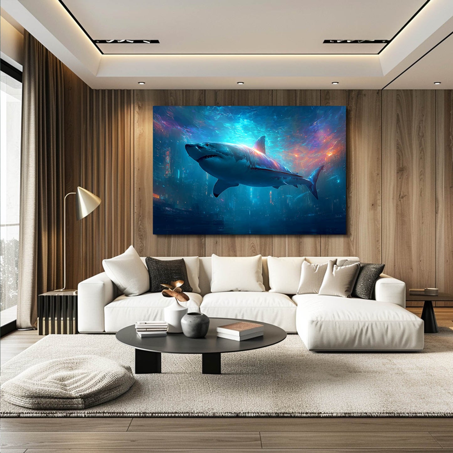 Cosmic Galaxy Shark Canvas Art – styled in a furnished interior
