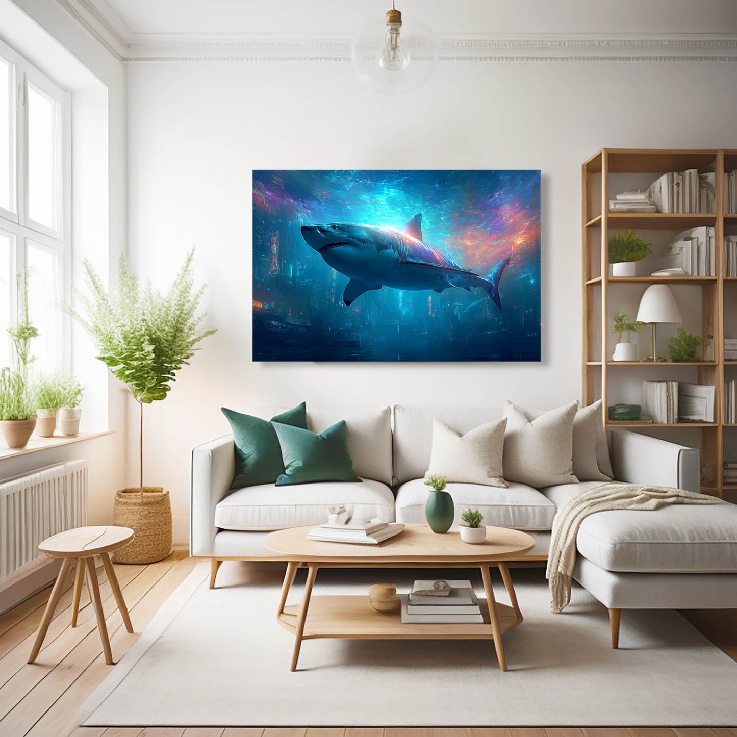 Cosmic Galaxy Shark Canvas Art – styled in a furnished interior
