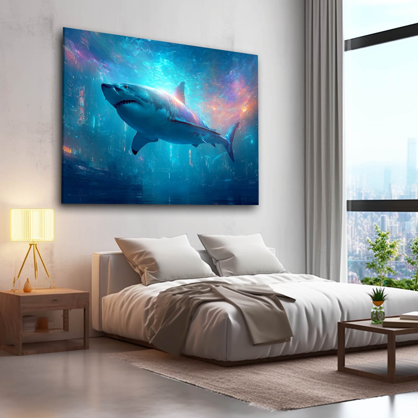 Cosmic Galaxy Shark Canvas Art – styled in a furnished interior