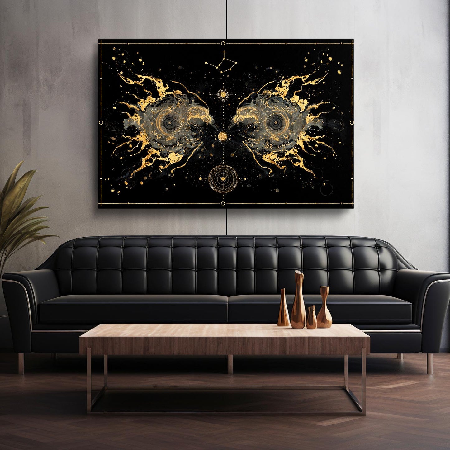 Cosmic Gold Blueprint Art – styled in a furnished interior