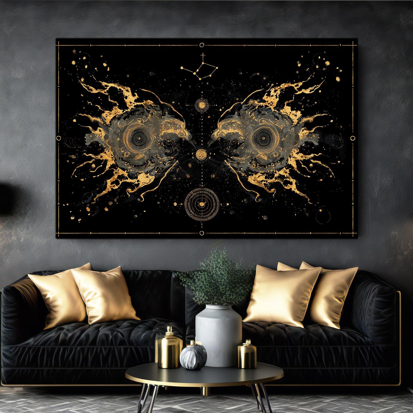Cosmic Gold Blueprint Art – styled in a furnished interior