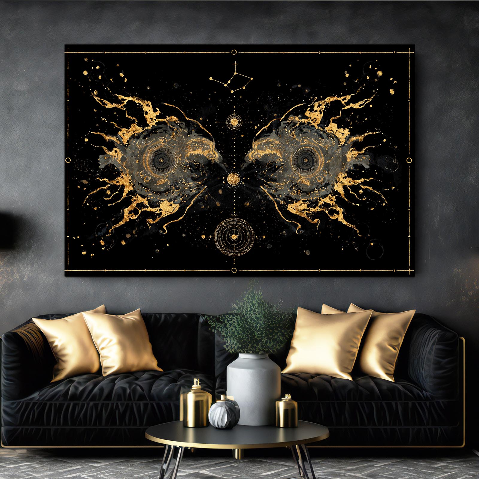 Cosmic Gold Blueprint Art – styled in a furnished interior