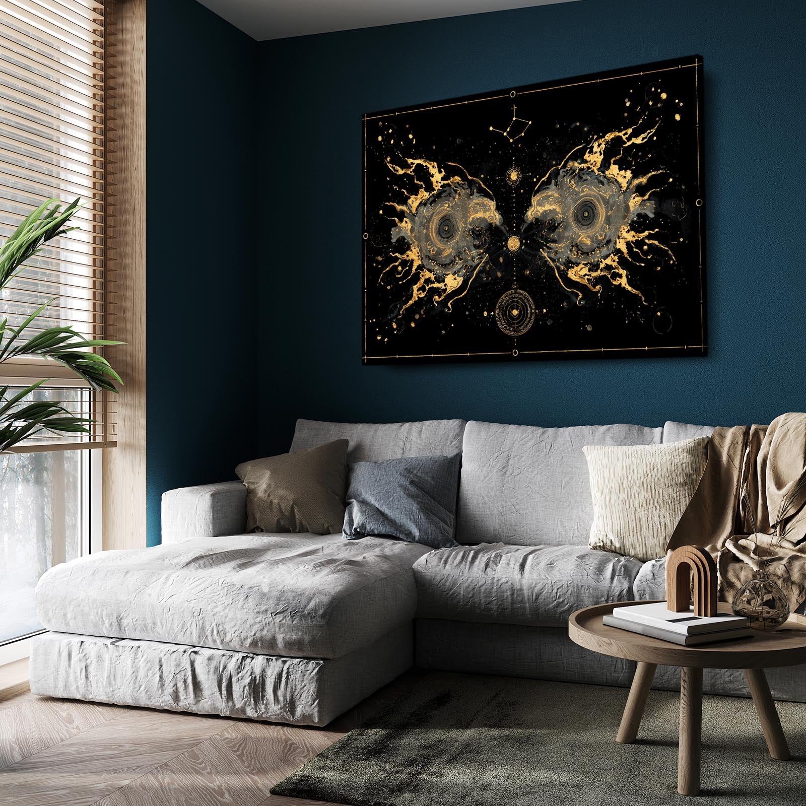 Cosmic Gold Blueprint Art – styled in a furnished interior