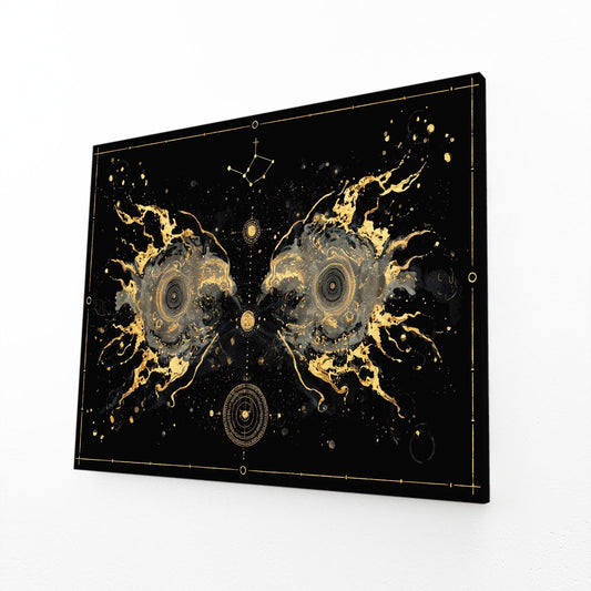 Cosmic Gold Blueprint Art – angled canvas view on white background