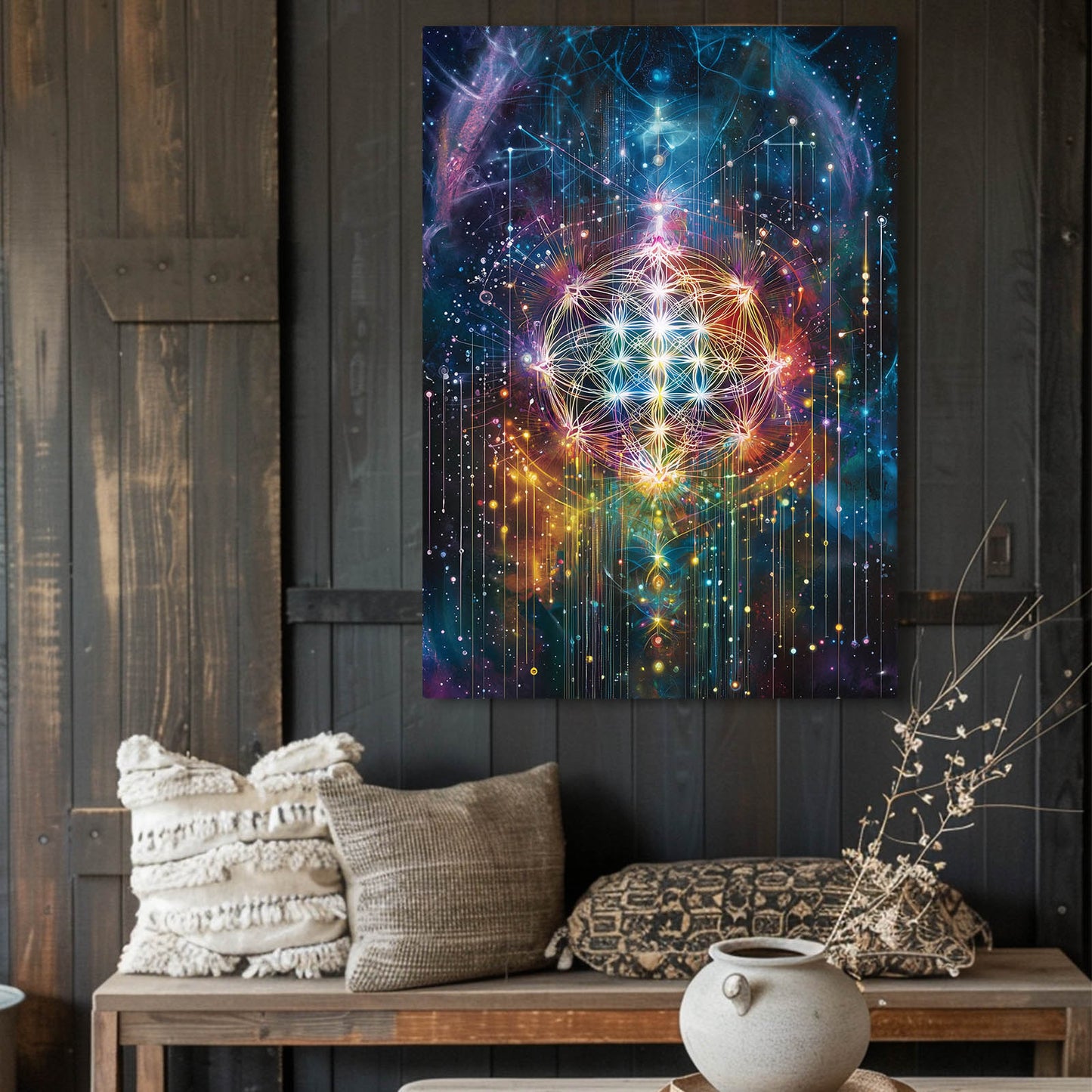 Cosmic Light Geometry Flower Of Life Canvas – styled in a furnished interior