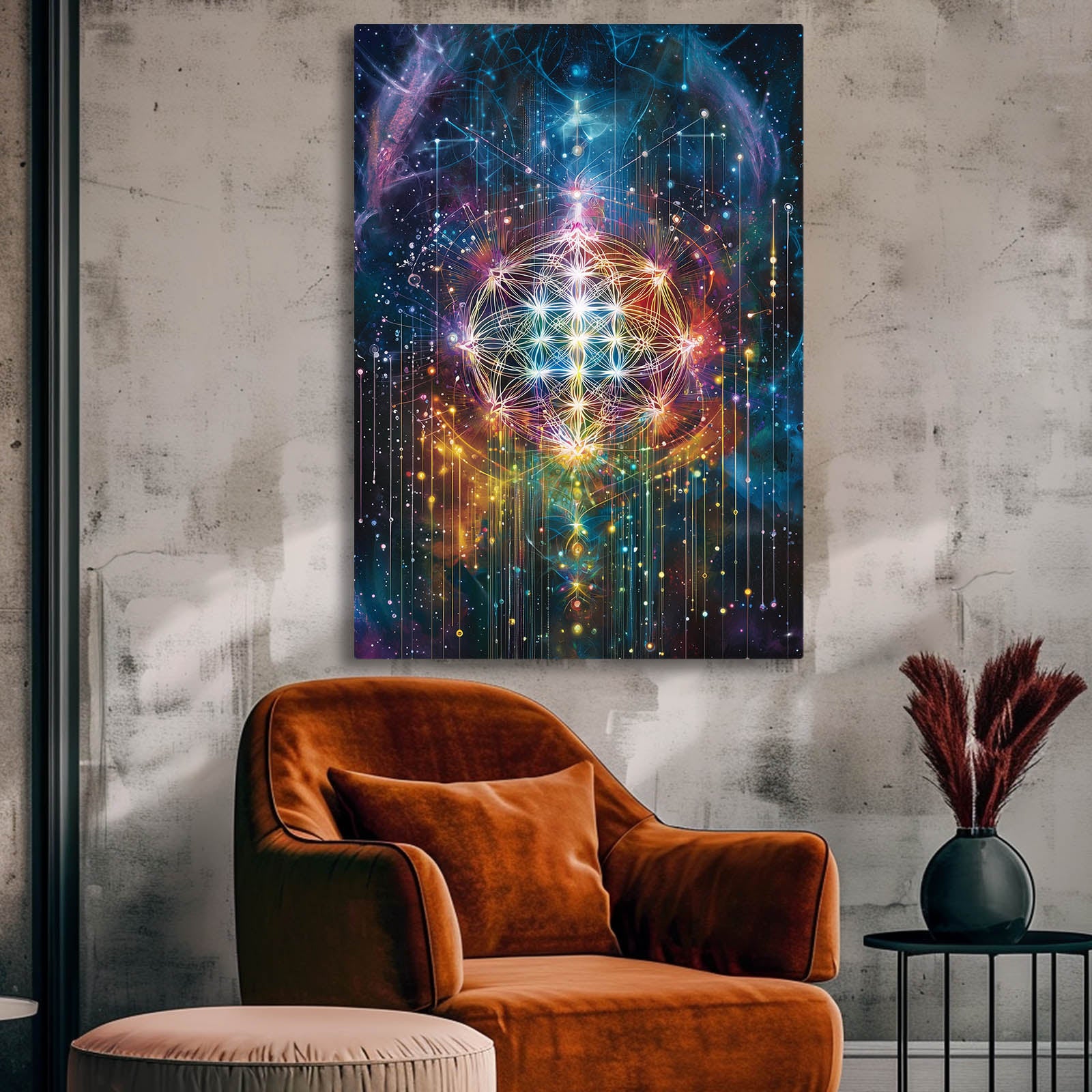 Cosmic Light Geometry Flower Of Life Canvas – styled in a furnished interior