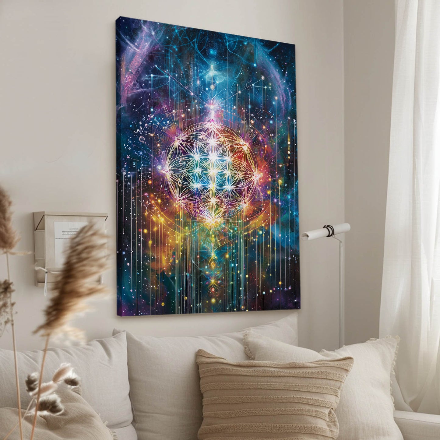 Cosmic Light Geometry Flower Of Life Canvas – styled in a furnished interior