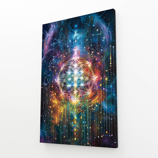 Cosmic Light Geometry Flower Of Life Canvas – angled canvas view on white background