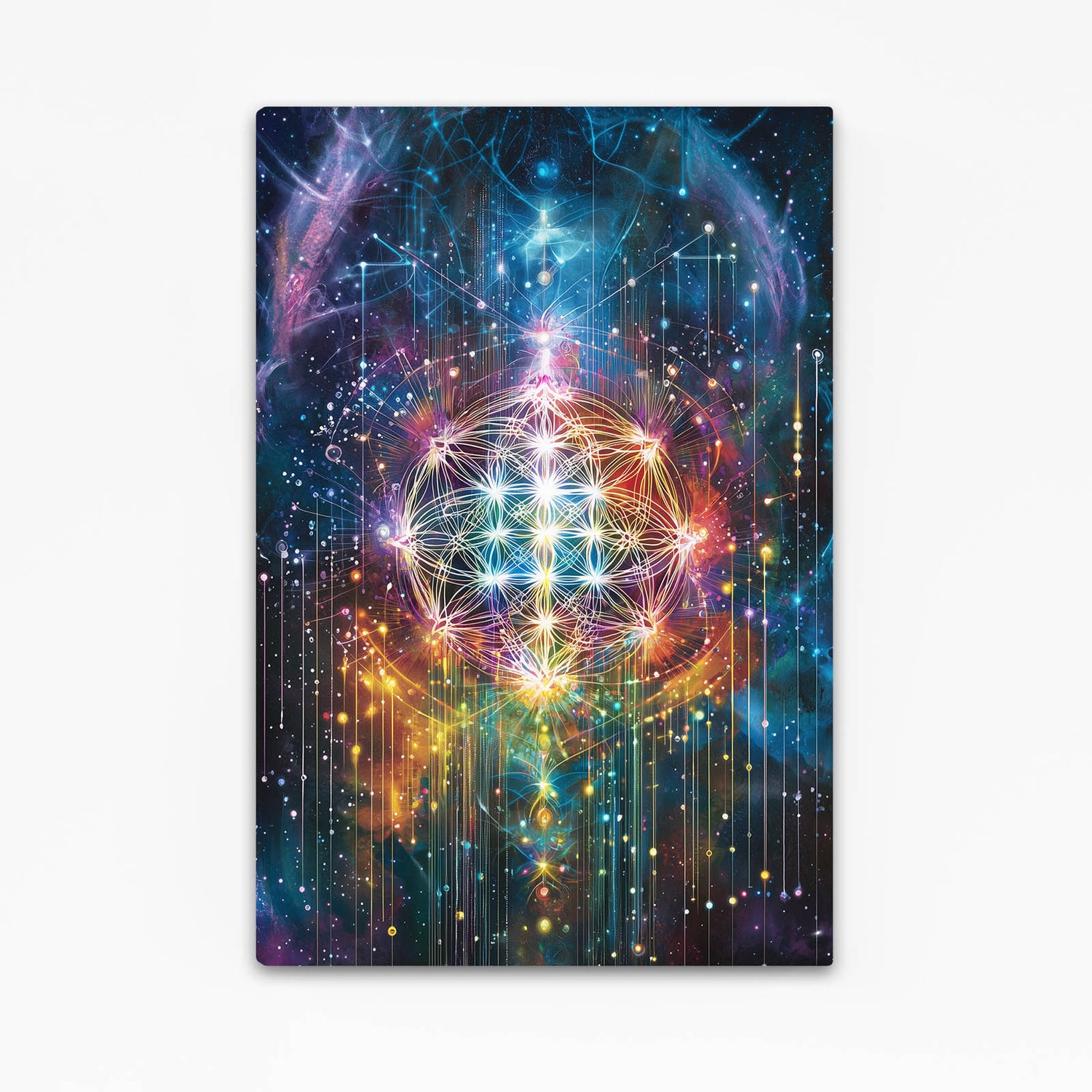 Cosmic Light Geometry Flower Of Life Canvas — contemporary canvas print, with Premium Black frame on white background
