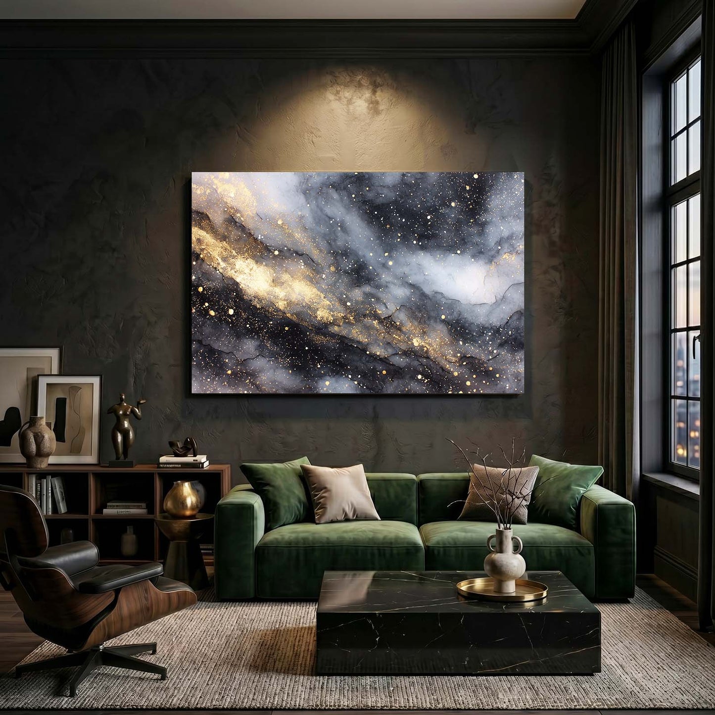 Cosmic Marble Dust Gold Prints – styled in a furnished interior