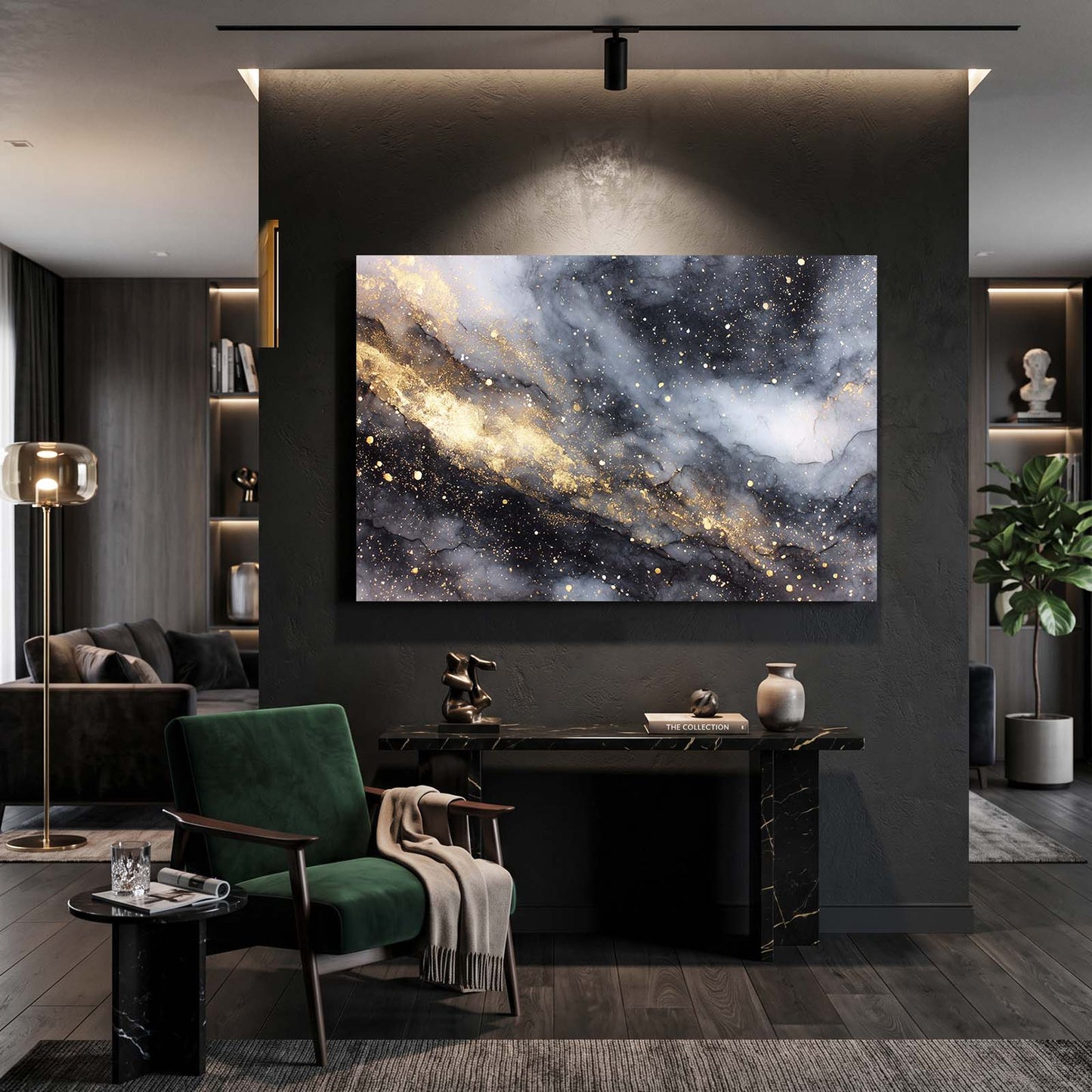 Cosmic Marble Dust Gold Prints – styled in a furnished interior