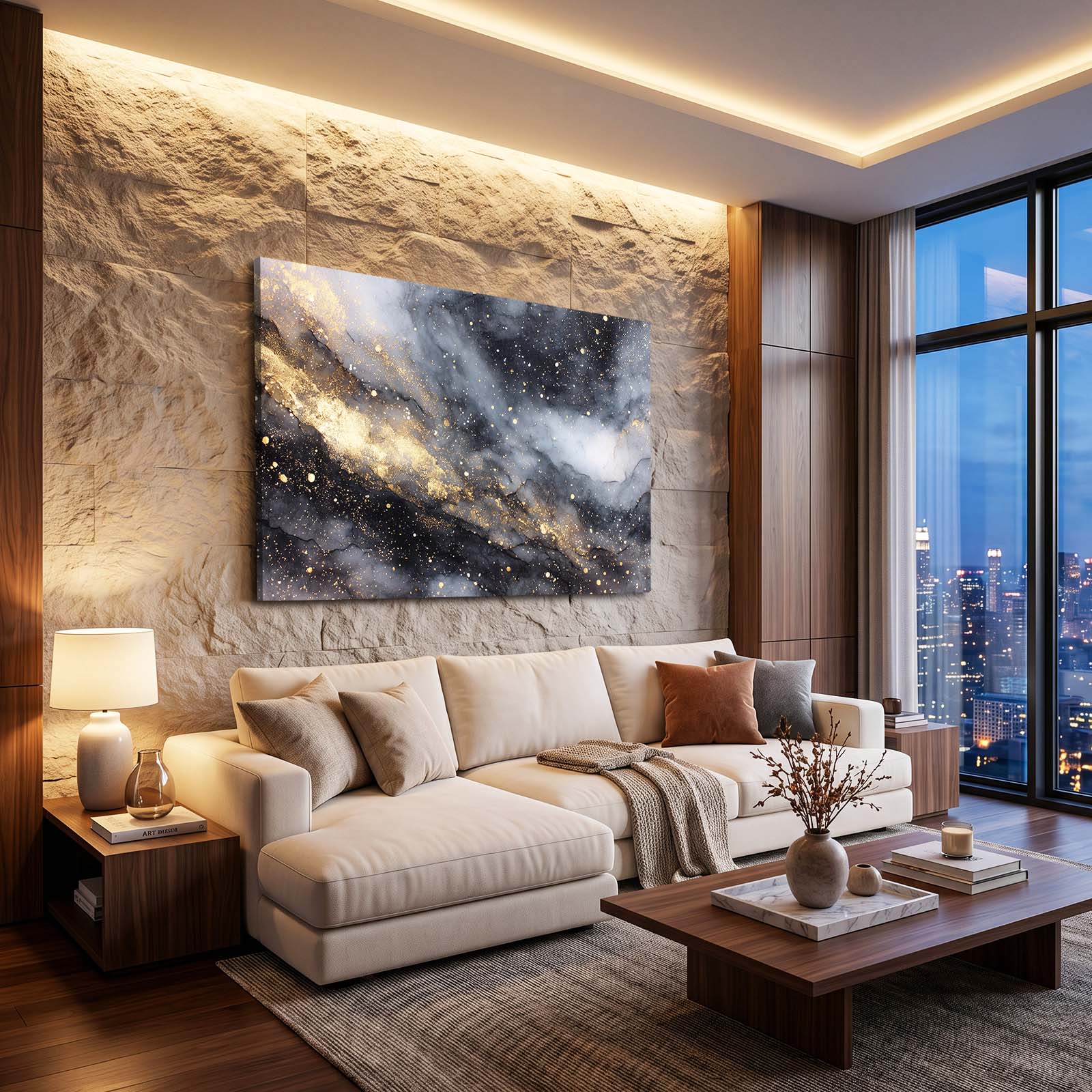 Cosmic Marble Dust Gold Prints – styled in a furnished interior