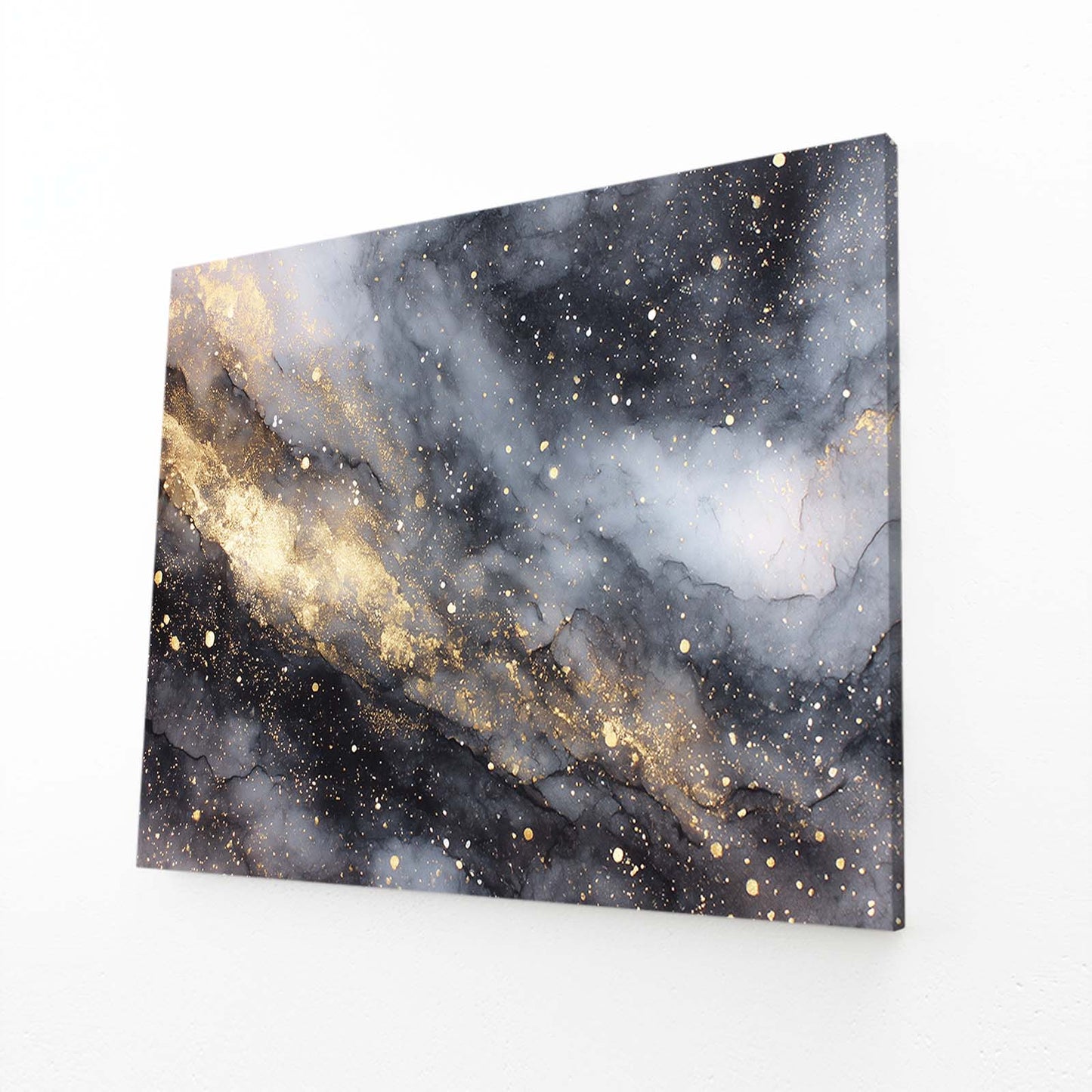 Cosmic Marble Dust Gold Prints – angled canvas view on white background
