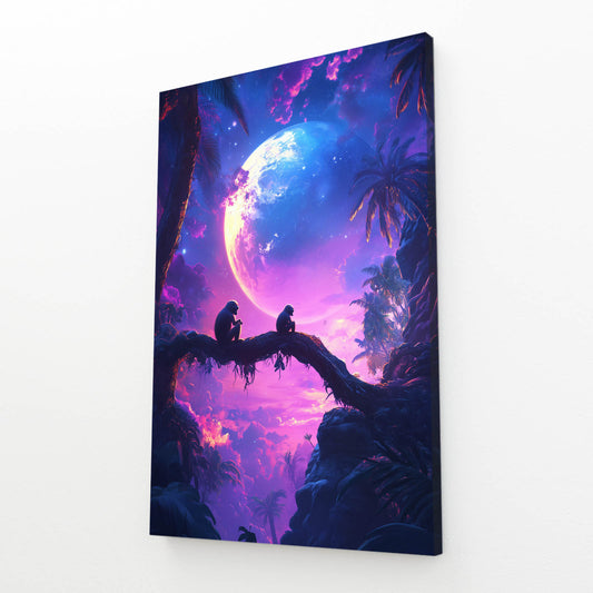 Cosmic Moon Jungle Monkey Art – angled canvas view on white background