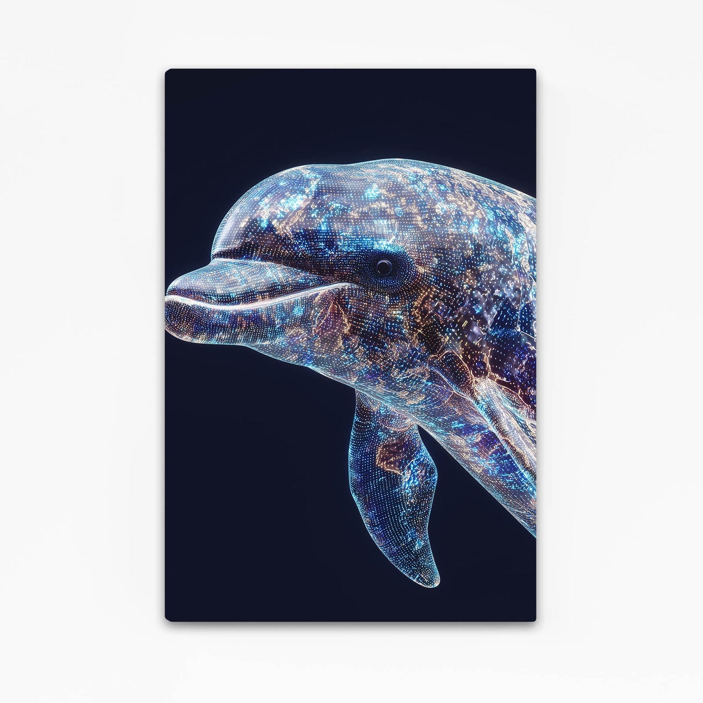 Cosmic Mosaic Dolphin Canvas – close-up dolphin head in iridescent jewel-toned cosmic mosaic on navy