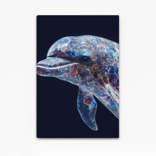 Cosmic Mosaic Dolphin Canvas – close-up dolphin head in iridescent jewel-toned cosmic mosaic on navy