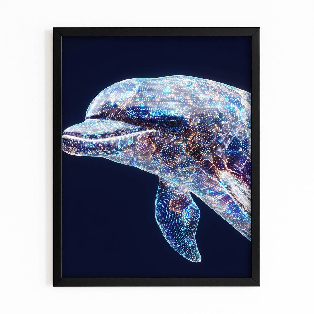 Cosmic Mosaic Dolphin Canvas – with Premium Black wood frame on white background