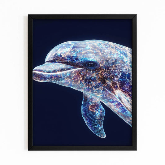 Cosmic Mosaic Dolphin Canvas – with Premium Black wood frame on white background