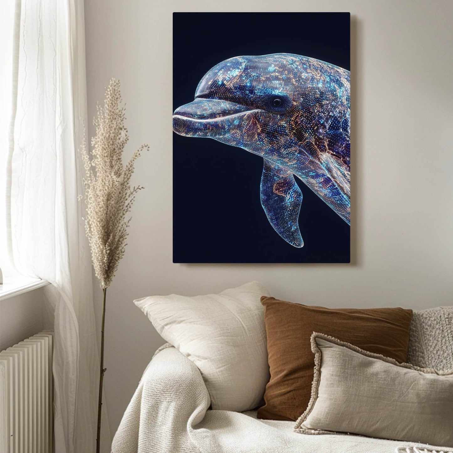 Cosmic Mosaic Dolphin Canvas – styled in a furnished interior