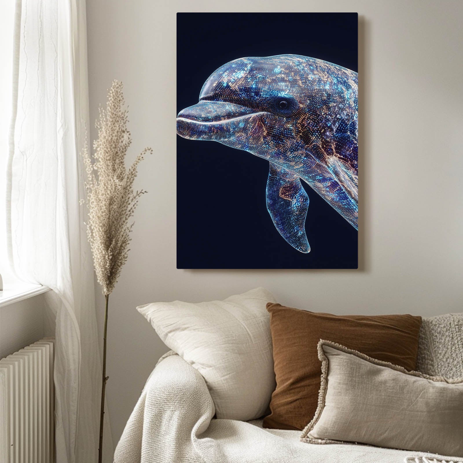 Cosmic Mosaic Dolphin Canvas – styled in a furnished interior