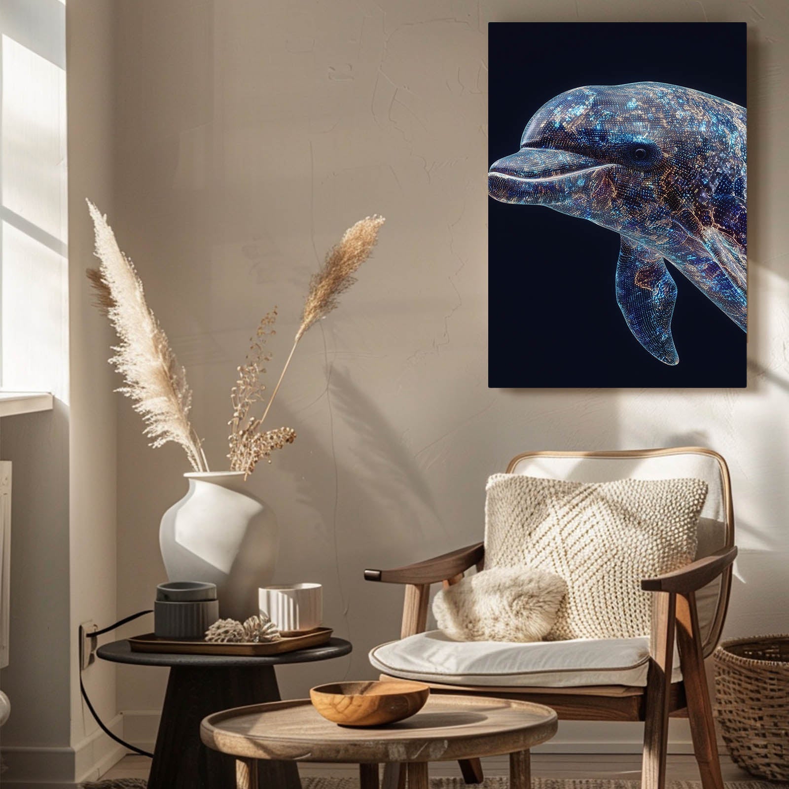 Cosmic Mosaic Dolphin Canvas – styled in a furnished interior