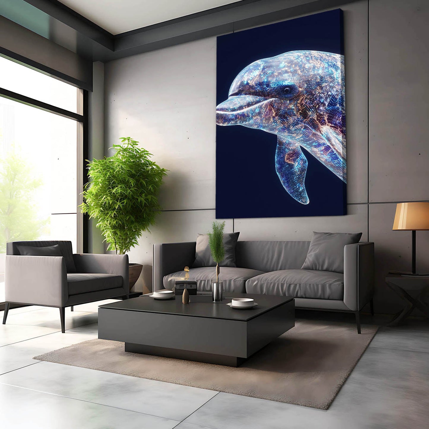 Cosmic Mosaic Dolphin Canvas – styled in a furnished interior