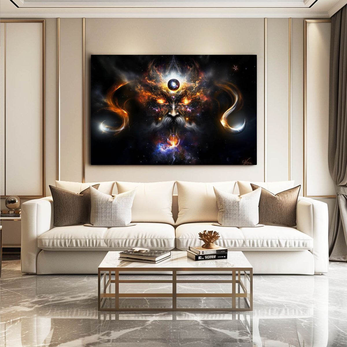 Cosmic Nebula Mane Lion Wall Art — contemporary canvas print, styled in a furnished interior